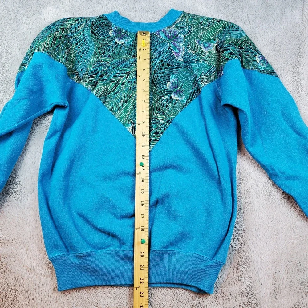 Hanes Sweatshirt Womens M Vintage 80s Butterfly Tropical Graphic Blend Teal Blue